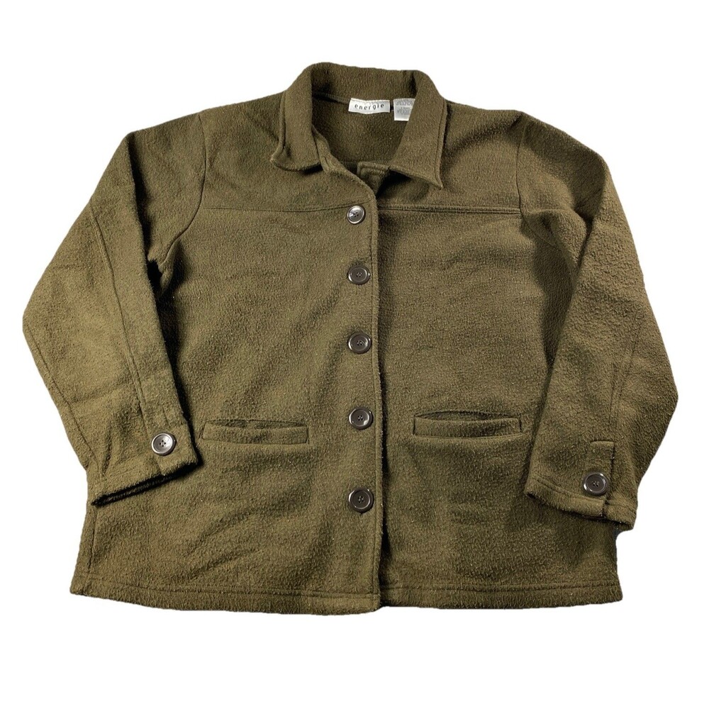 Energie Women Fleece Button Down Jacket Pockets Dark Military Green Size L